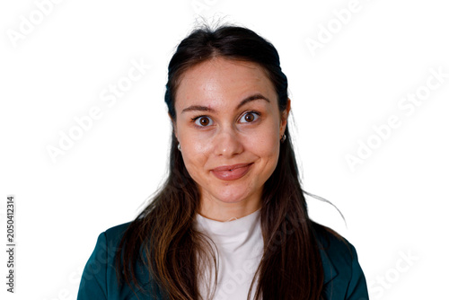 Konstfotografi Young woman with expressive, wide-eyed look and playful expression, looking dire