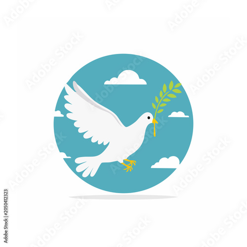 White dove with olive branch in sky with clouds
