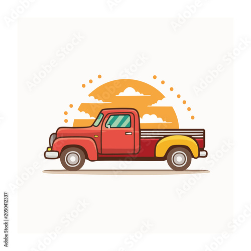 Vintage red pickup truck illustration at sunset