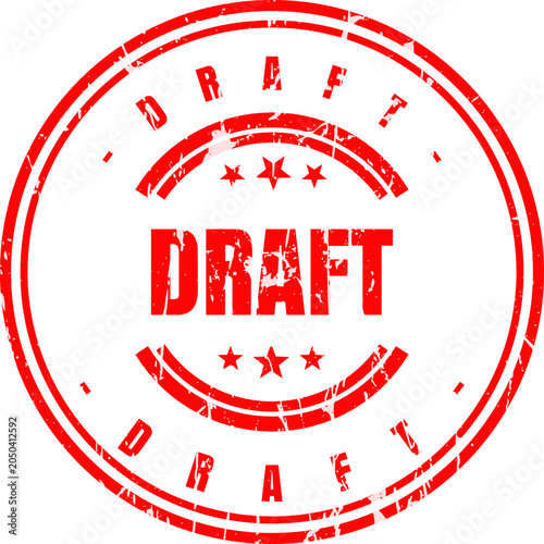 Red round rubber stamp mark featuring the text draft with a vintage worn grunge aesthetic