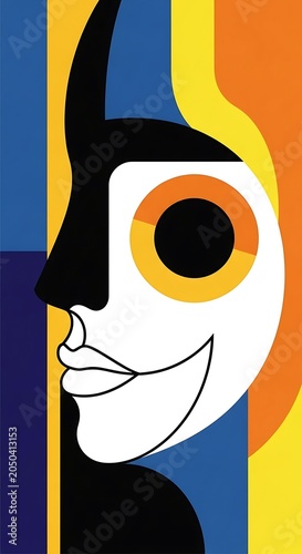 Abstract portrait with bold colors and geometric shapes.