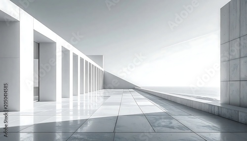 Modern minimalist interior hallway with glass walls.