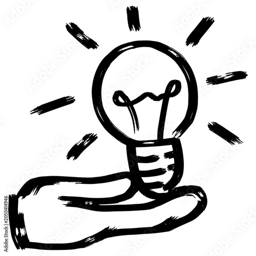 Hand holding a light bulb with brush strokes on a white background