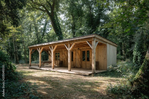 Wood cabin in forest, with porch, table, chairs. Surrounded by trees and grass