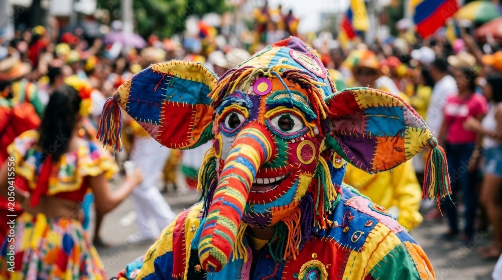 Obraz premium Man wearing colorful elephant mask and costume during street carnival parade. Traditional festival celebration with handmade clothing. Vibrant culture and performance art show.