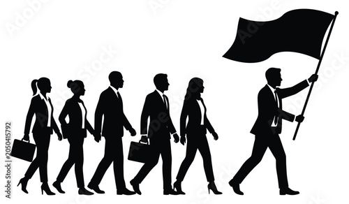 Business leader leading a team of professionals with a flag