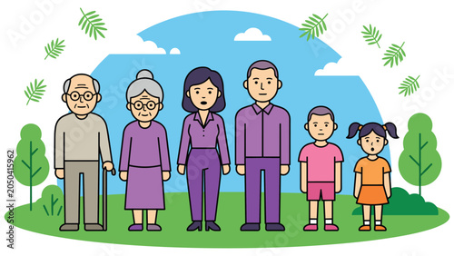 Schilderij op canvas Generational family portrait standing together in park sunny day outdoor lifestyle imagery
