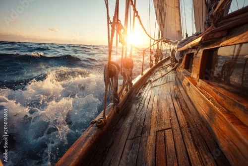 Wooden sailboat cutting through waves at sunrise, sun glinting off the deck