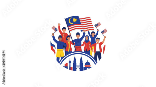 Photography Diverse Malaysians Celebrating Independence Day with National Flags