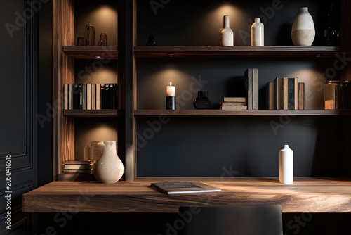 Wood desk with shelves, books, vases, and ambient lighting