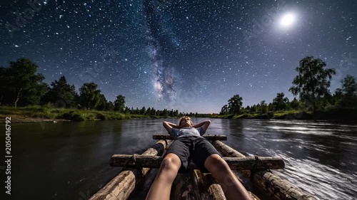Person relaxing on a raft at sunset and under the stars.