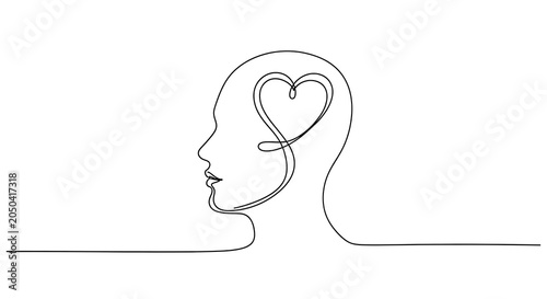 A continuous line drawing of a human head in profile with a heart shape inside, symbolizing mind and emotion connection.
