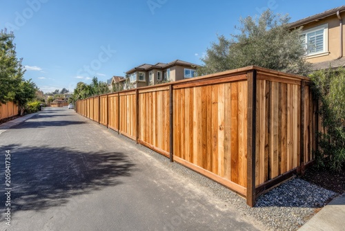 Wood fence lines a paved road in a residential area, clear sky, sunny day