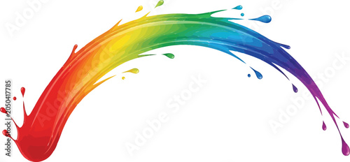 Rainbow colored paint splash arc with droplets on a white msea set