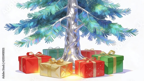 silver Christmas tree with colorful glowing wrapped presents