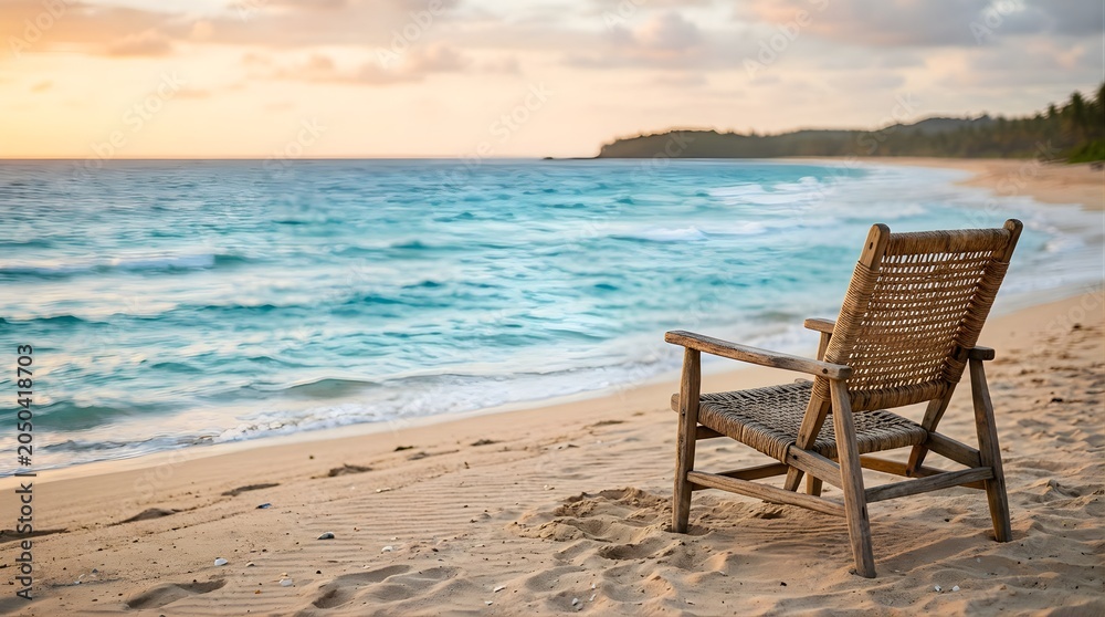 Fototapeta premium Empty wooden chair on sand beach facing turquoise ocean at sunset