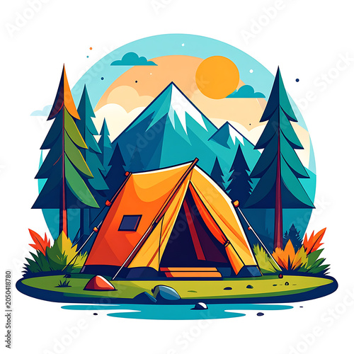 Pixel art camping scene with an orange tent pitched in a forest clearing, mountains and sun in the background, nature adventure and outdoor recreation