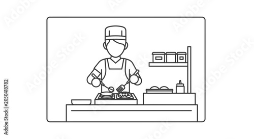 Chef Cooking Food on Stove in Professional Kitchen, Line Art Illustration