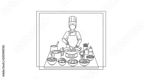 Chef Cooking Food in Wok on Table with Ingredients, Line Art Illustration
