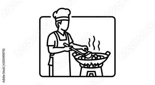 Chef cooking in wok on stove, steam rising, illustration