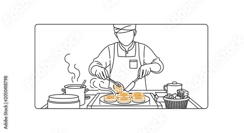 Chef cooking pancakes on a griddle, steam rising, line art illustration
