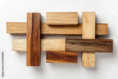 Wooden blocks arranged in an abstract, weaving pattern, showcasing natural wood textures and tones against a white backdrop