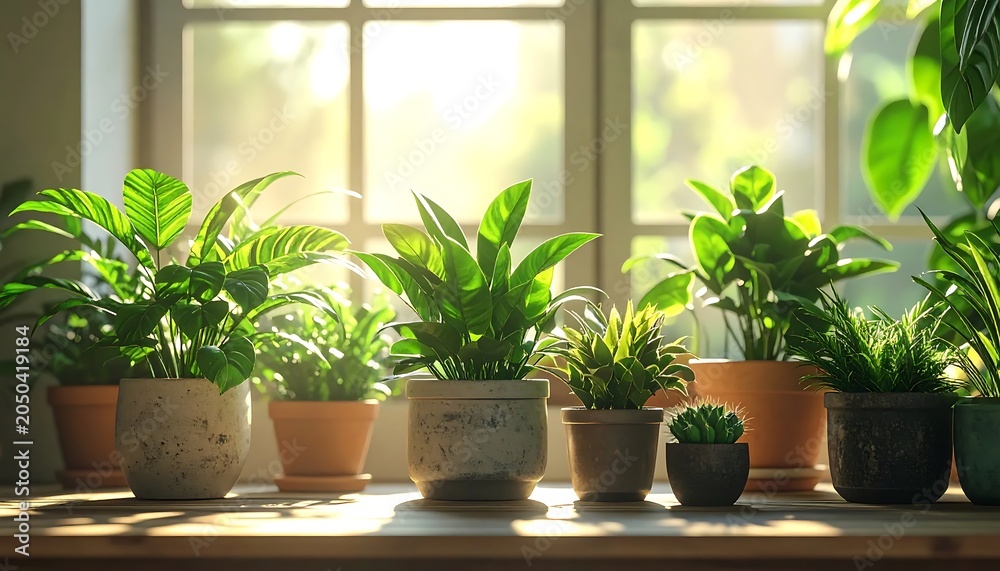 Fototapeta premium Modern interior with potted plants and natural light.