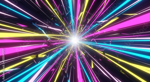 Abstract vibrant light speed tunnel with colorful neon lines radiating from a bright central starburst.