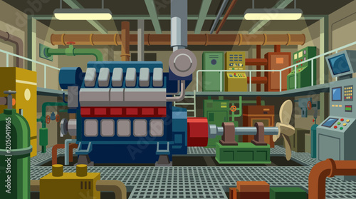 Tableau sur toile Ship Engine Room with Large Marine Diesel Propulsion System
