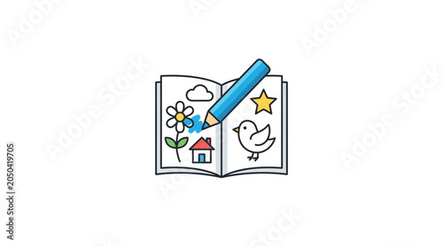 Drawing Book Icon with Pencil Sketching Illustrations