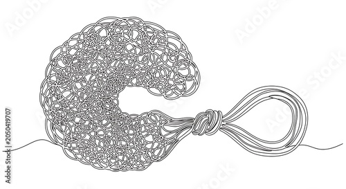 A single line transitioning from a tangled mess into a neat, simple loop, symbolizing problem-solving and clarity.
