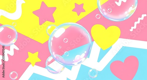 Vibrant abstract background with playful pink, yellow, and blue geometric shapes, stars, hearts, and floating bubbles.