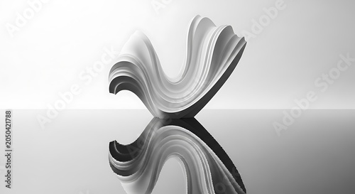 Abstract White Swirl Sculpture with Reflection on Glossy Surface.