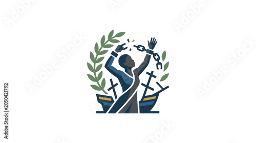 Konstfotografi Emancipated Figure Breaking Chains with Ship and Laurel Wreath Emblem