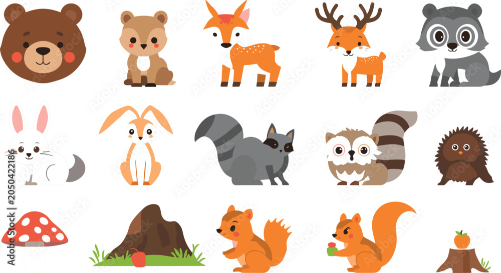 Fototapeta premium Cute Woodland Forest Animals Clipart Vector Set Featuring Baby Bear Fox Deer Raccoon Squirrel and Nature Elements for Children Nursery Sticker Designs