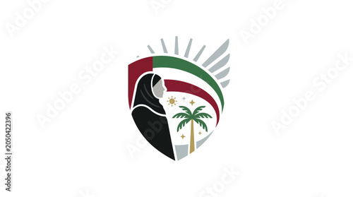 Emirati Woman Profile Logo with Palm Tree and UAE Flag Shield Emblem