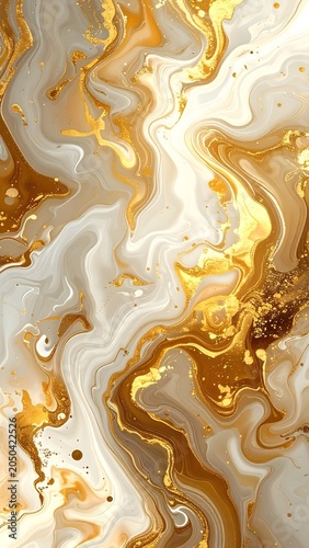 Abstract Luxury White Marble Background with Flowing Liquid Swirls and Shimmering Gold Foil Veins