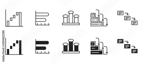 Waterfall Chart and Financial Balance Diagram Icon Set