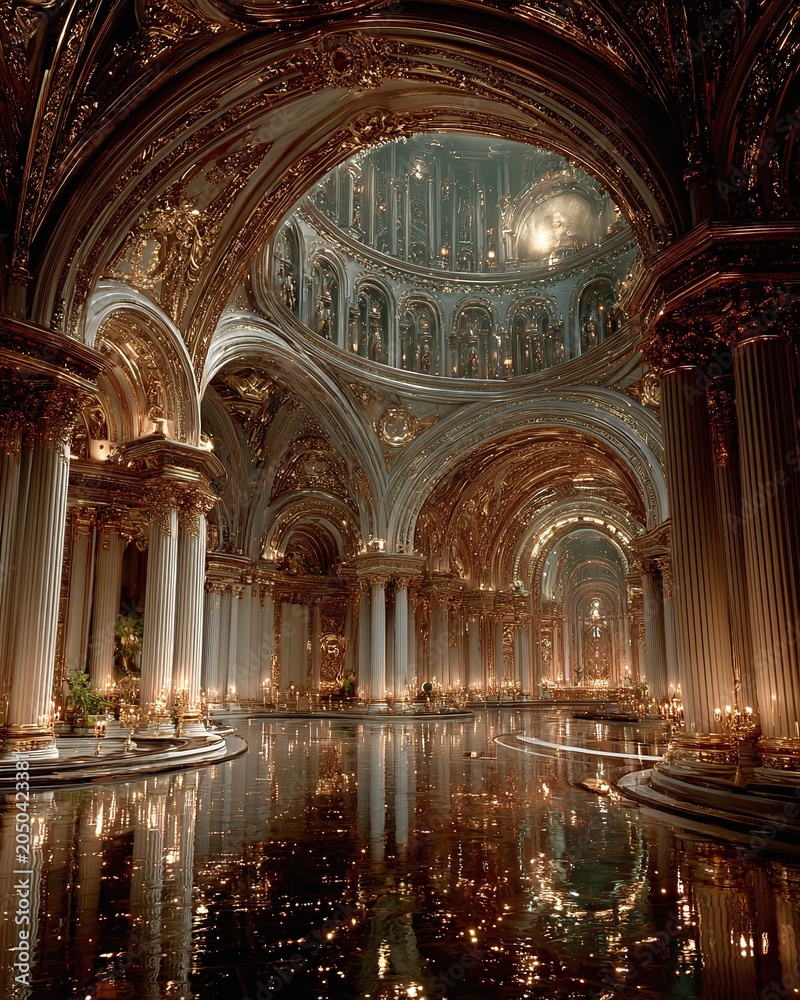 Naklejka premium The grand interior of an ancient, ornate cathedral with vaulted ceilings, illuminated by warm lighting, featuring majestic columns and arches reflecting beautifully on a polished floor.