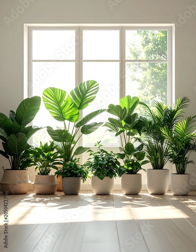 Modern minimalist living room with large windows and plants.