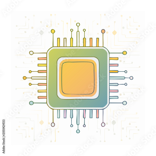 Hand-drawn microchip illustration with circuit board background