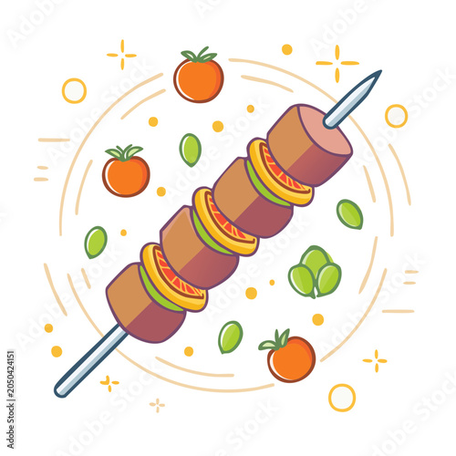 Kebab skewer with vegetables and meat, flat design illustration