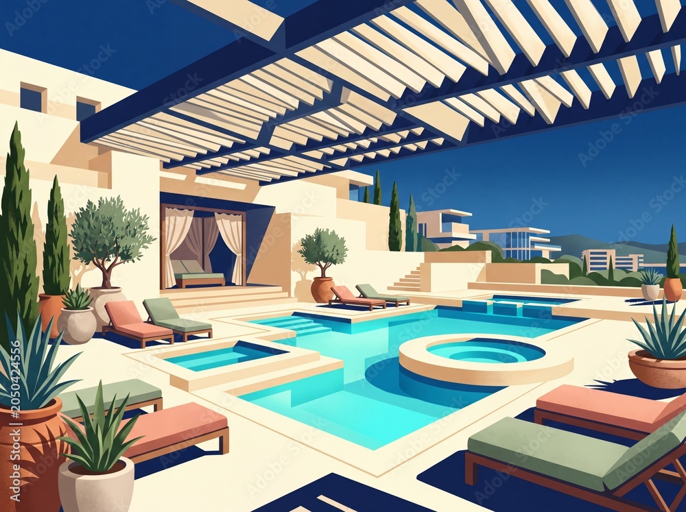 Fototapeta premium Isometric Courtyard Resort Wellness Deck With Pale Travertine And Calm Water Illustration