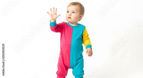 Adorable baby in colorful jumpsuit reaching out with curiosity.