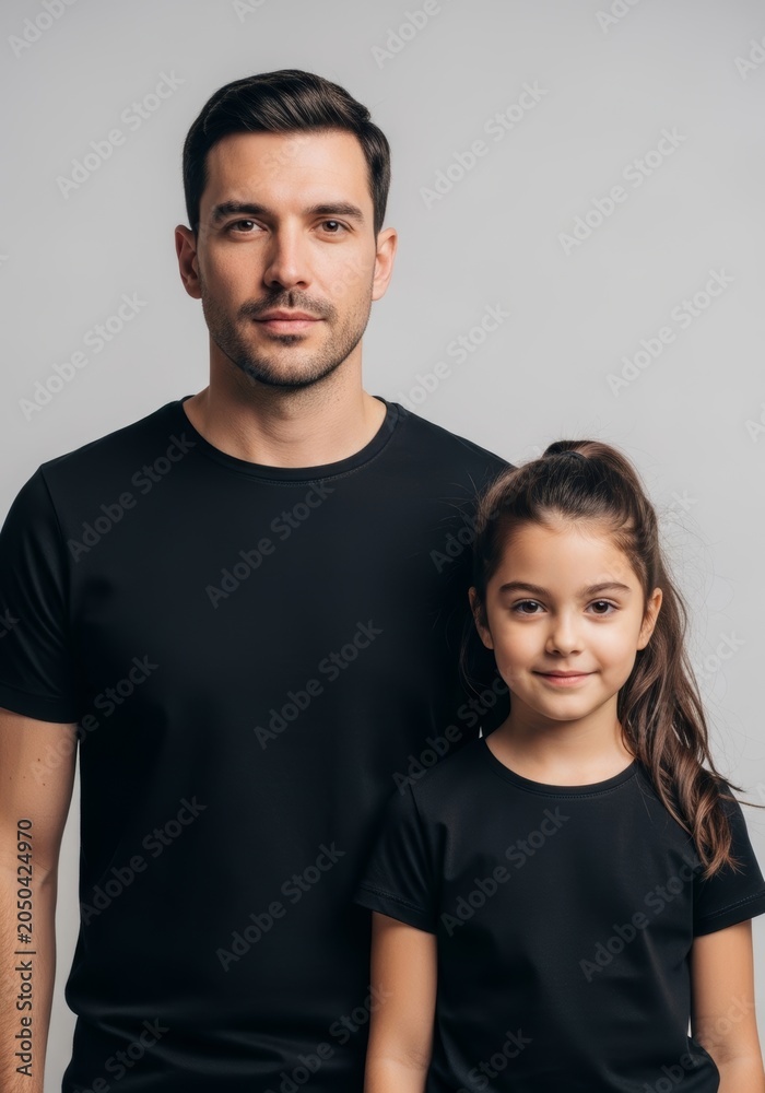 Fototapeta premium Man and daughter in black t-shirt standing together. Father and girl posing for portrait against grey background. Family relationship, love, care and parenthood concept.