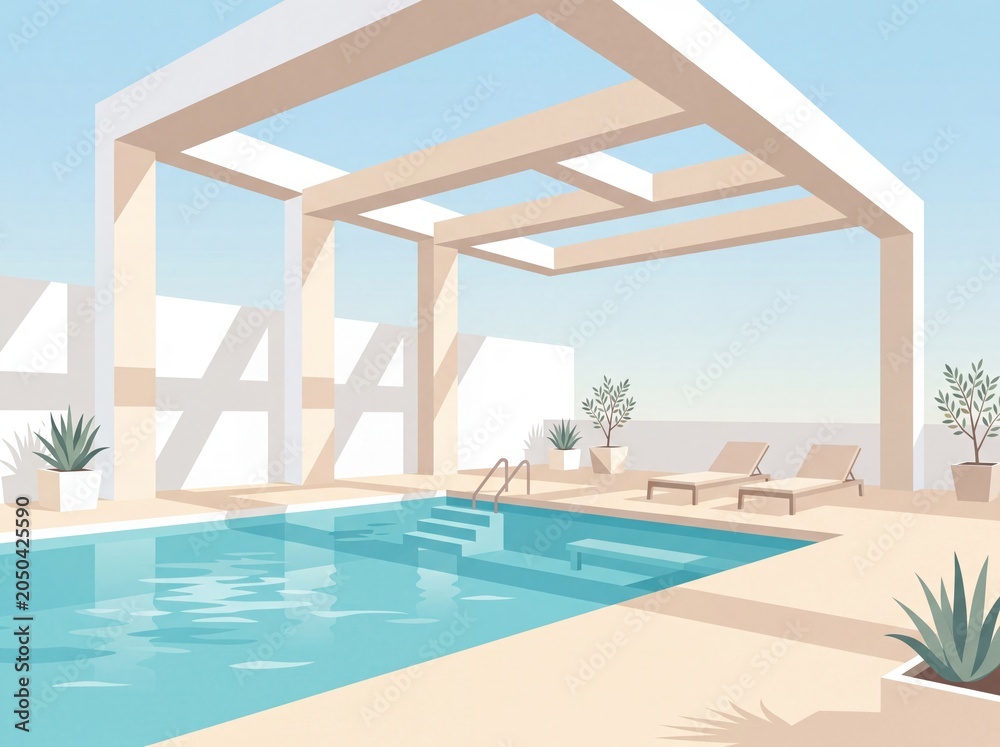Fototapeta premium Travel Poster Premium Hotel Pool Background With White And Turquoise Contrast Illustration For Resort Campaigns