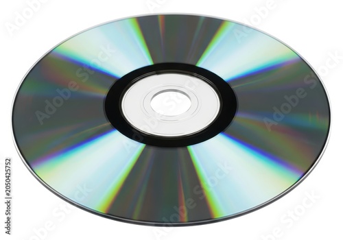 Single Compact Disc CD or DVD with Rainbow Light Reflections Isolated on White Background for Data Storage and Multimedia