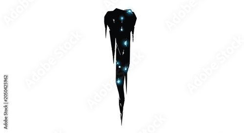 Icicle hangs vertically featuring glowing blue light points embedded within its dark surface to create a mysterious and cold aesthetic that evokes the harsh beauty of a deep frozen winter landscape.