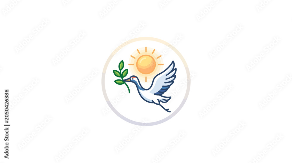 Obraz premium Flying Crane with Olive Branch and Sun Illustration