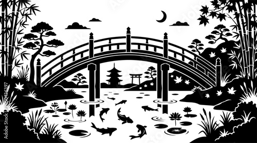 Tableau sur toile Japanese Bridge in Winter Night Scene with Moon Black and White Vector Illustrat